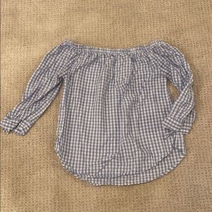 Blue Check Off-the-Shoulder Blouse